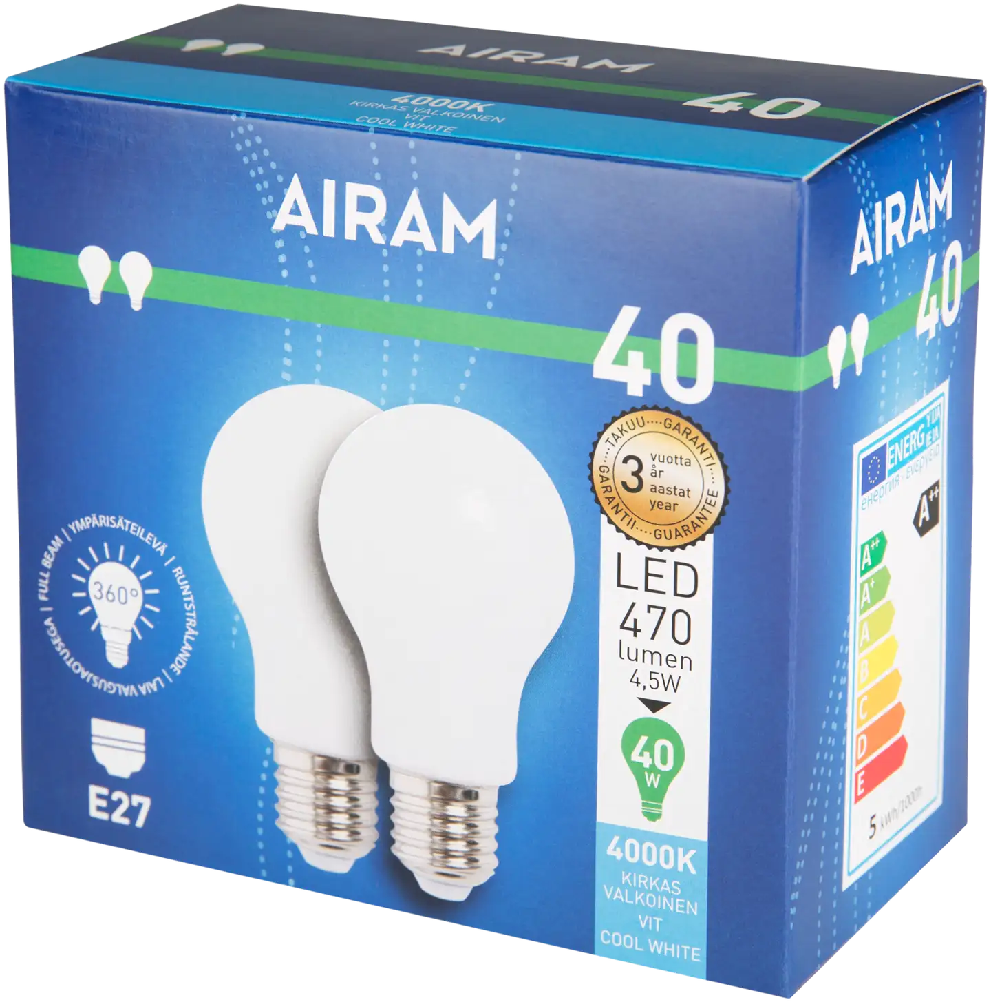 Airam LED vakiokupu 470lm 4000K E27 opaali fullglass 2BX - 2