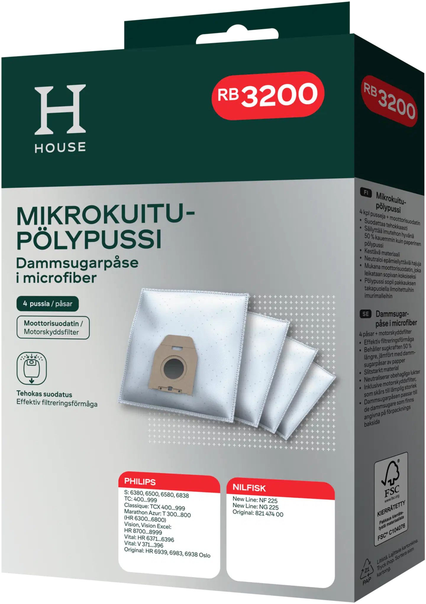 House RB3200 pölypussi 4 kpl + moottorisuodatin - 1