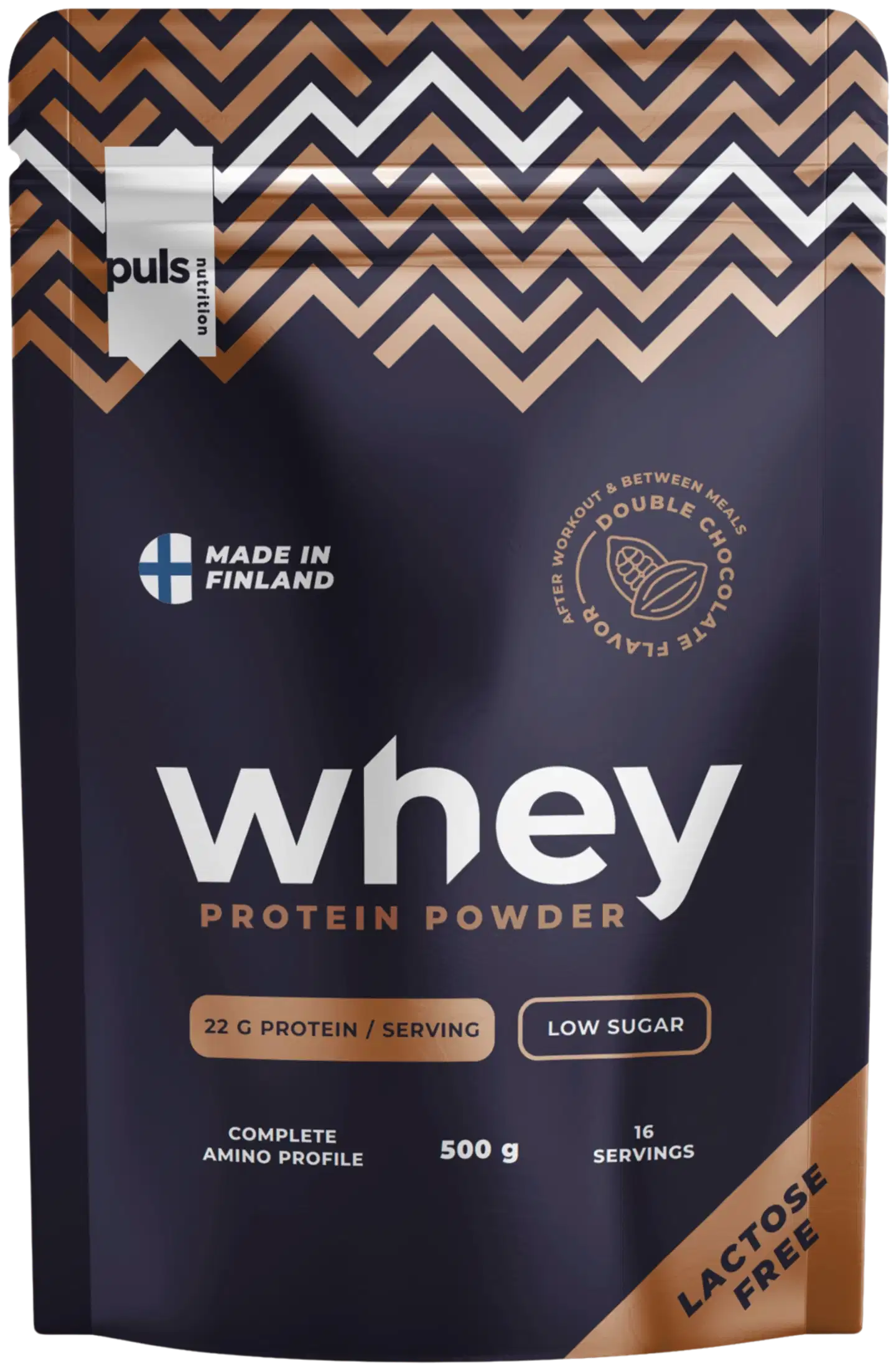 PULS Nutrition WHEY proteiinijauhe tuplasuklaa 500g laktoositon kotimainen