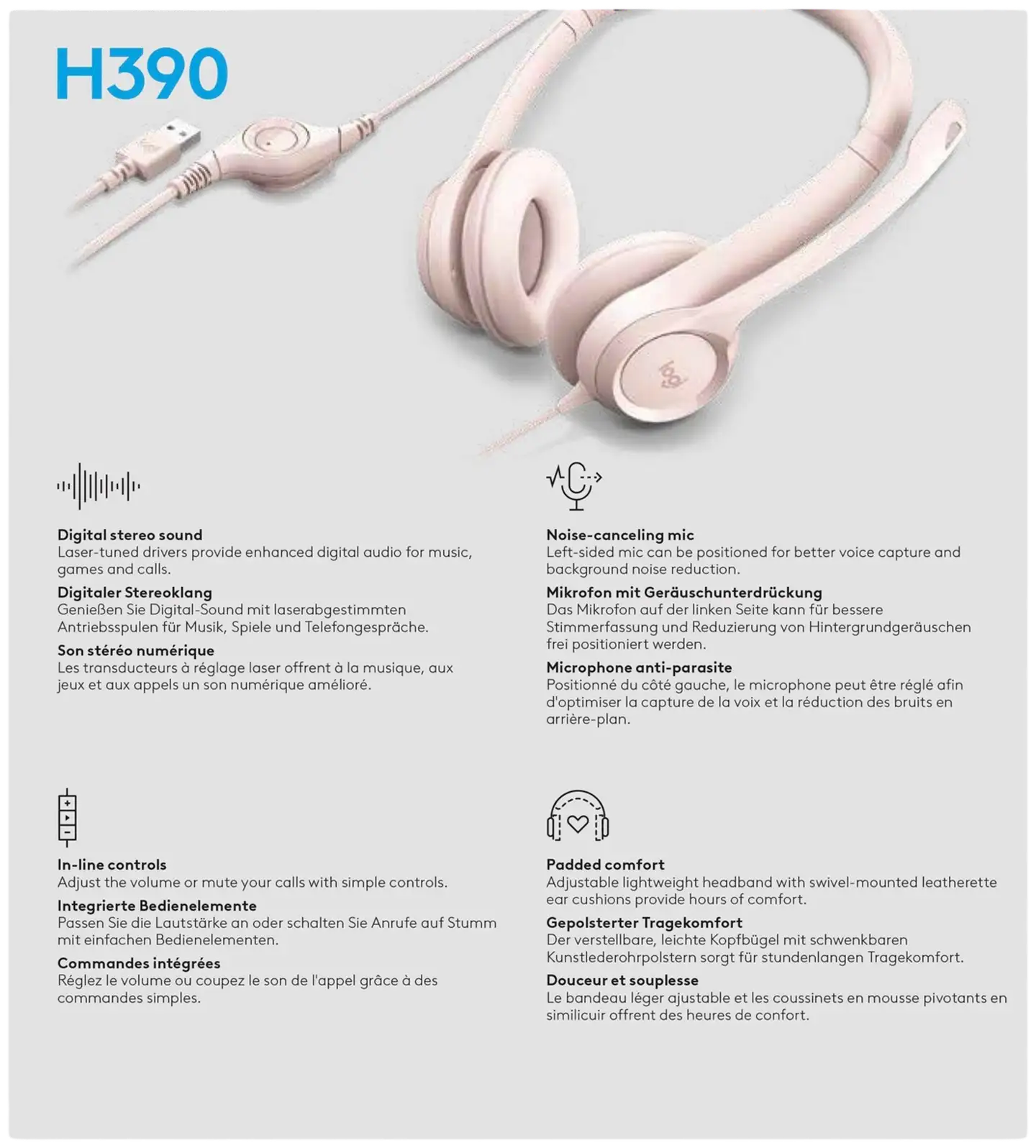 Logitech PC kuuloke H390 USB  - ruusu - 13