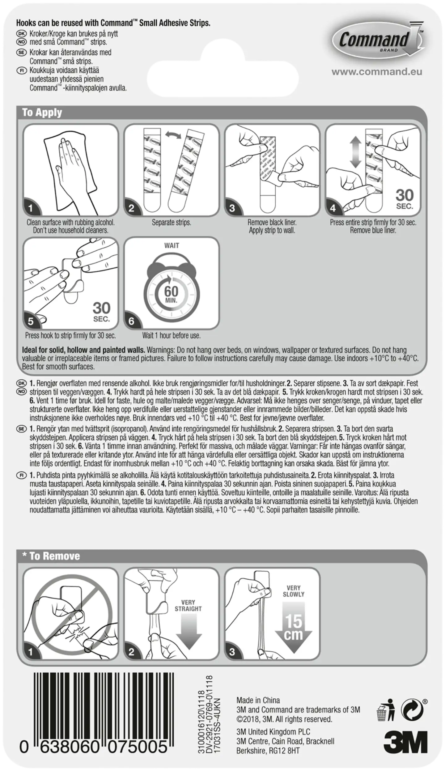 Command™ pienet metallikoukut, ruostumaton teräs, 17031SS-4, 4 koukkua ja 5 pientä, kirkasta kiinnityspalaa - 4