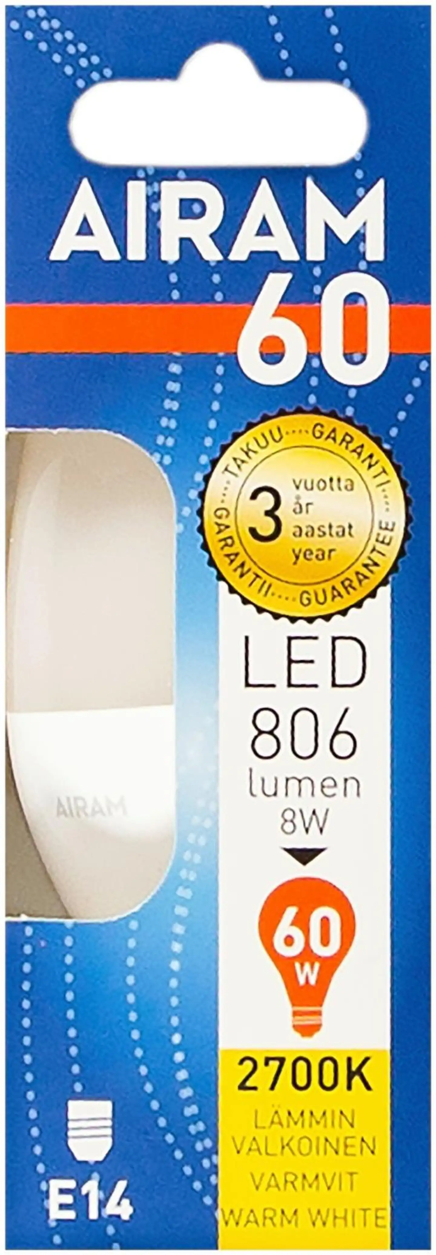 Airam LED 7,2W kynttilä opaali E14 806lm 2700K