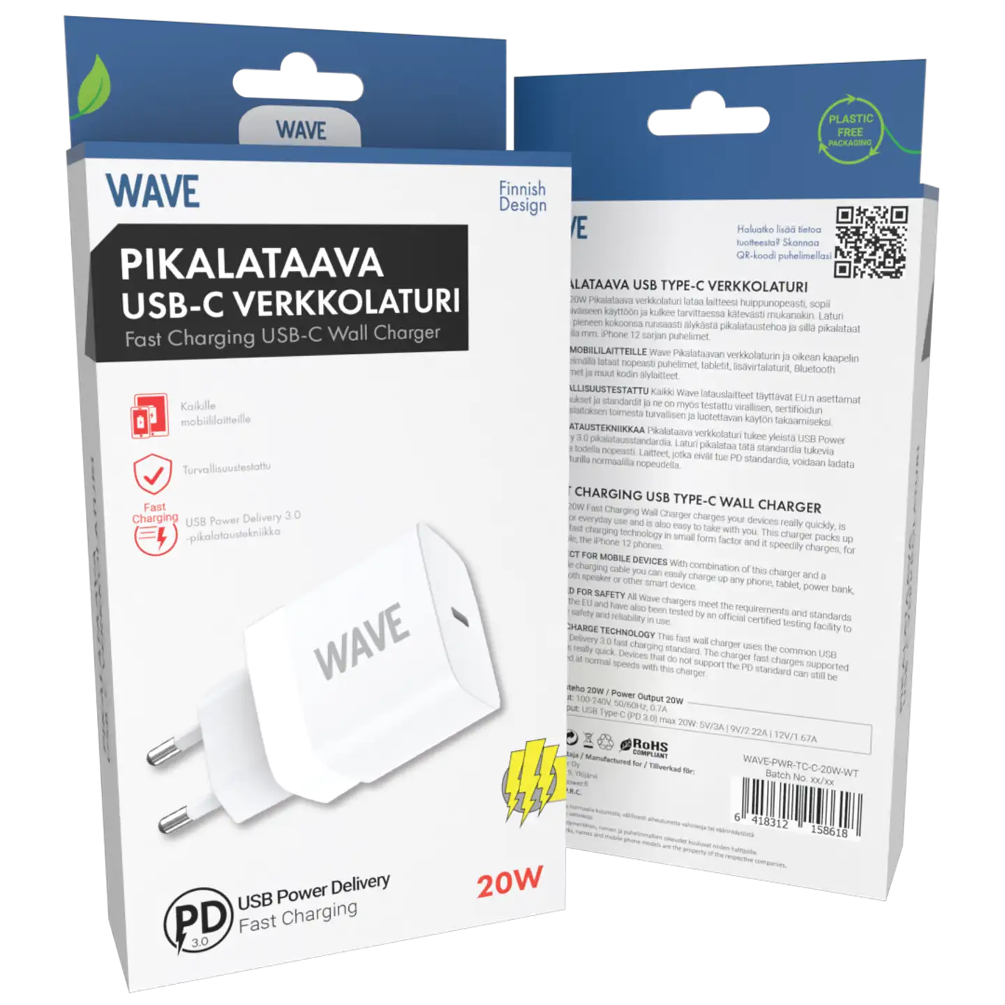 Wave Pikalataava verkkolaturi, 1 x USB Type-C (20W), Valkoinen - 2