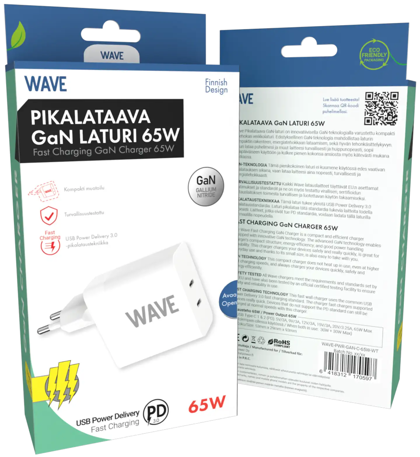 Wave 65W Pikalataava GaN -verkkolaturi, 2 x USB Type-C, Valkoinen - 2