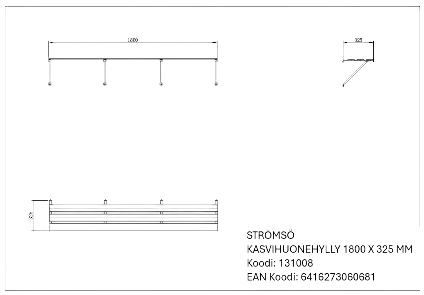 Kasvihuonehylly musta 1800x325mm - 2