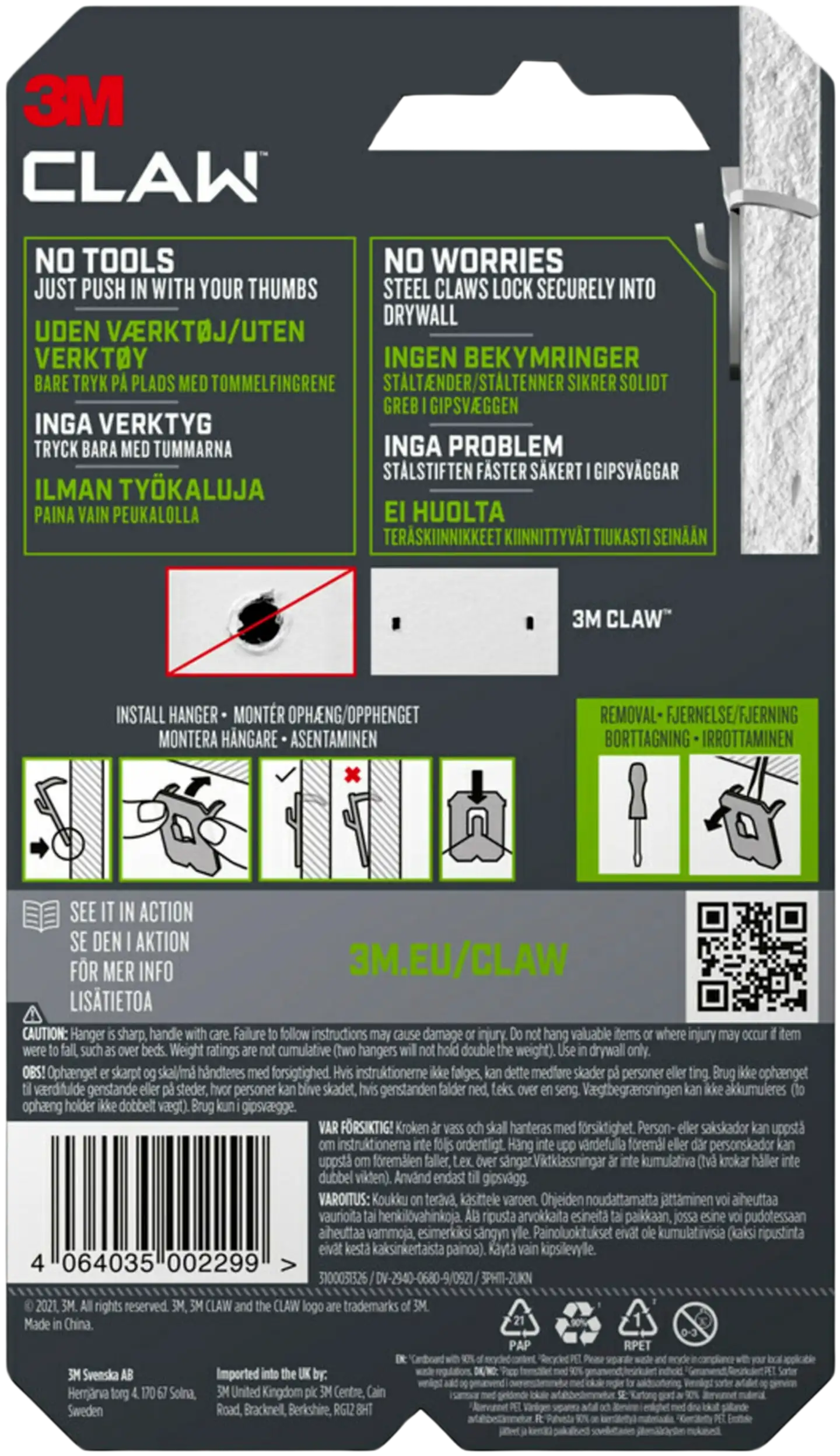 3M CLAW™-taulukoukku kipsilevylle, 11 kg 3PH11-2UKN, 2 ripustuskoukkua - 12