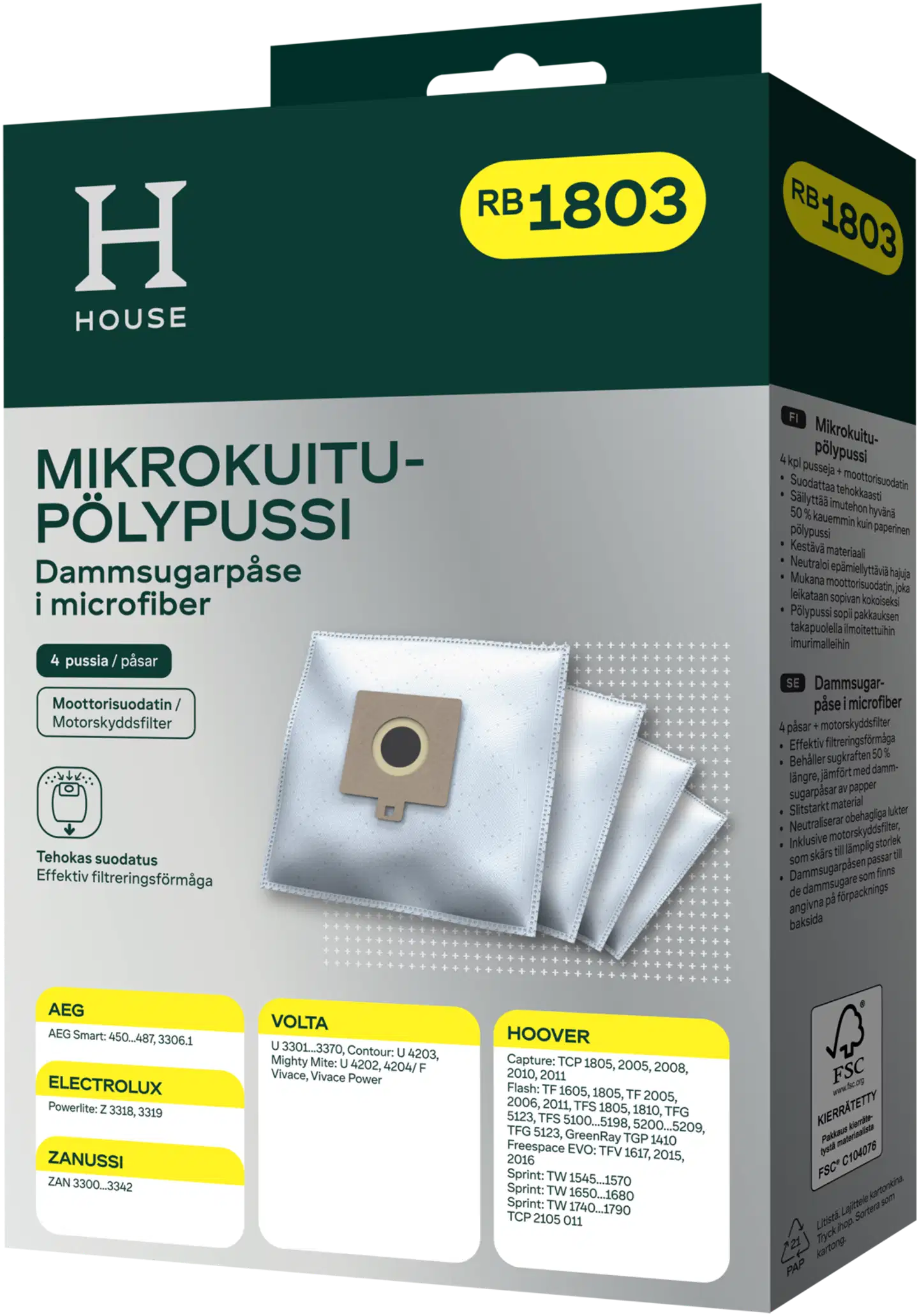 House RB1803 pölypussi 4 kpl + moottorisuodatin - 1