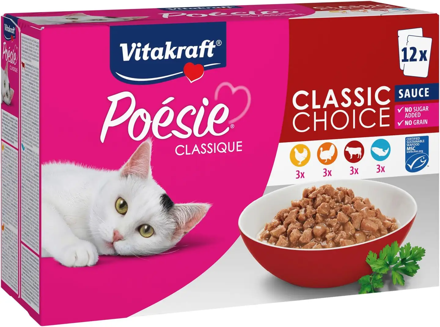 Vitakraft Poésie® Classique Kissan märkäruokalajitelma, 3x kanaa, 3x kalkkunaa, 3x härkää, 3x kalaa kastikkeessa 12x85g