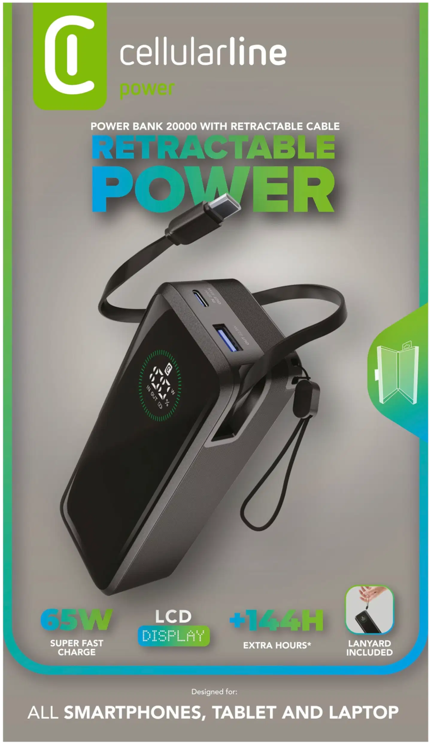 Cellularline Varavirtalähde 65W 20000Mah sisäänkelautuvalla kaapelilla - 6