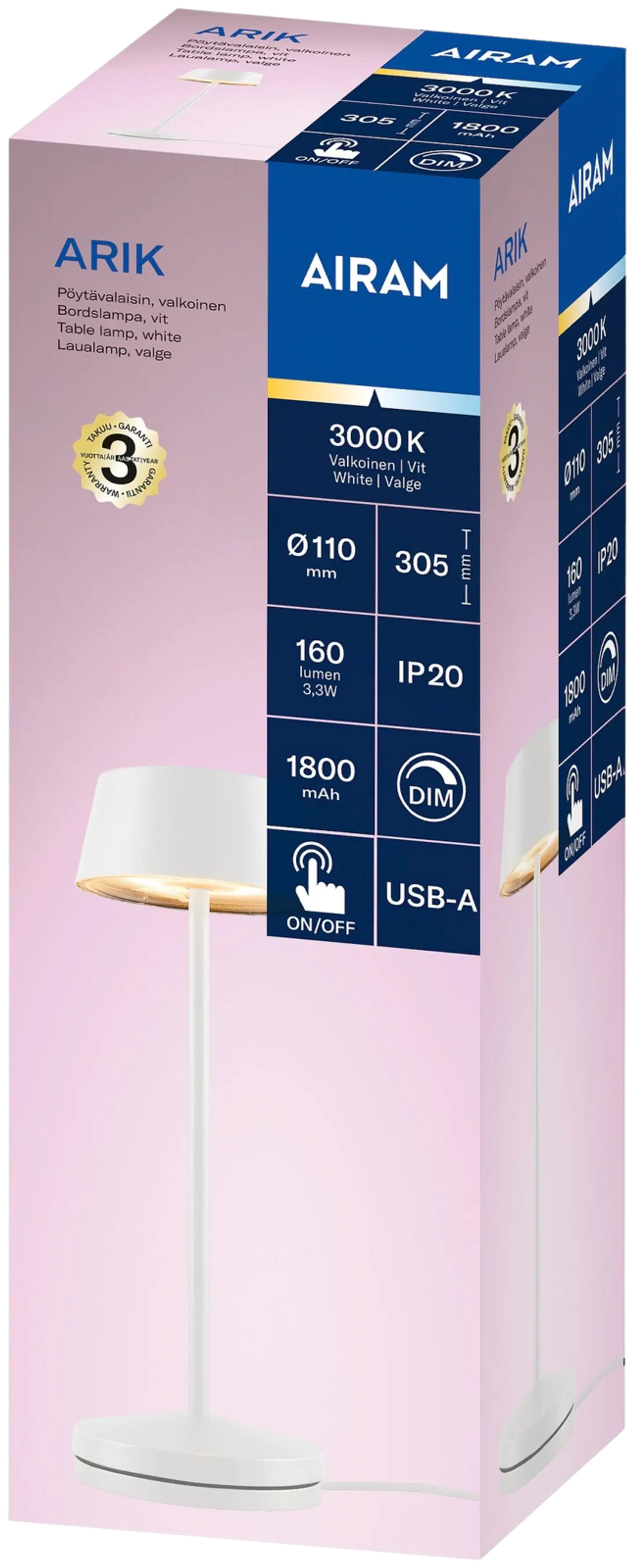 Airam Arik pöytävalaisin 160lm 3000K 1500mAh valkoinen - 2