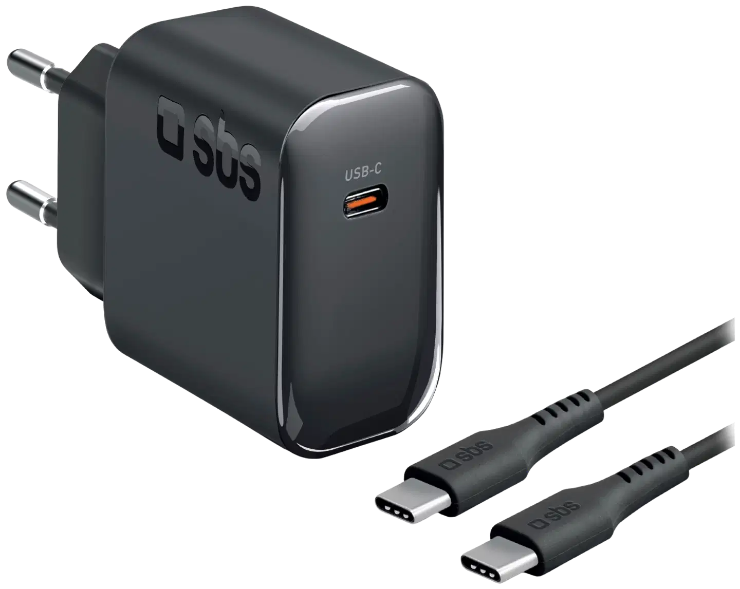 SBS Seinälaturipaketti, USB‑C PD45W + USB‑C 60W kaapeli 2 m, musta - 1