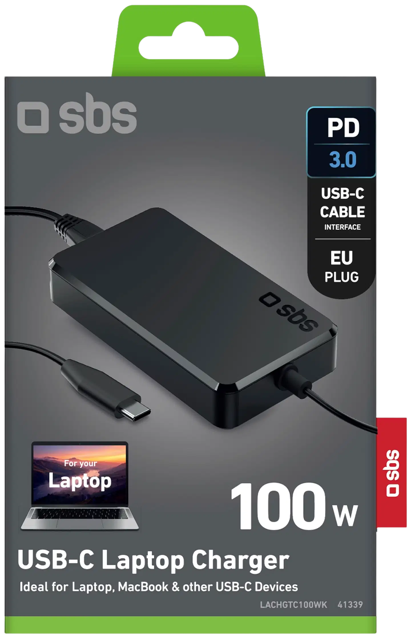 SBS kannettavan virtalähde integroidulla USB-C-kaapelilla, 1,8 m, 100W, musta - 2