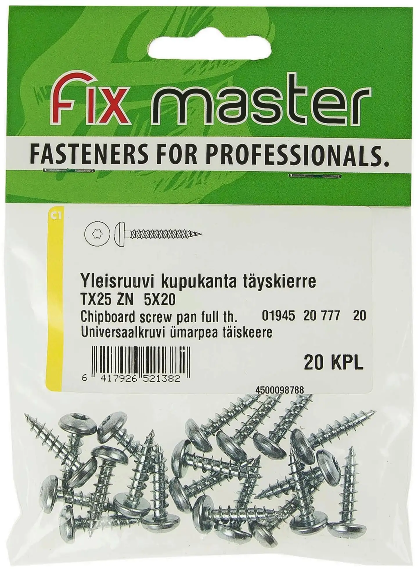 Fix Master yleisruuvi kupukanta täyskierre torx25 5,0X20 sinkitty 20kpl