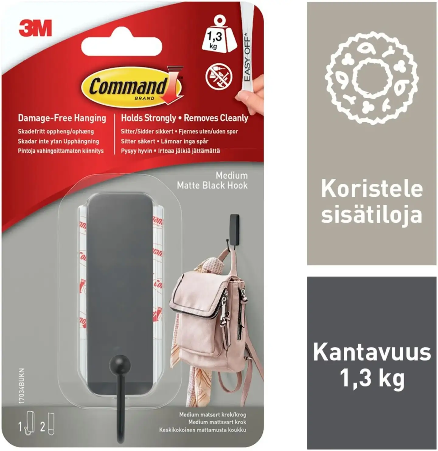 Command™ Keskikokoinen mattamusta koukku, 17034B, 1 kiinnityskoukku, 2 kiinnityspalaa - 9