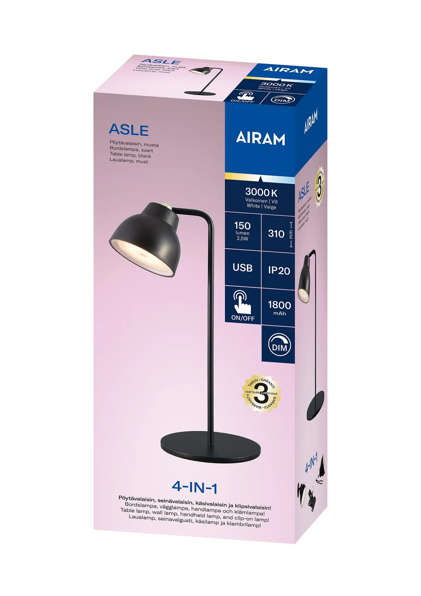 Airam Asle 4-IN-1 pöytävalaisin 150lm USB-C musta - 3