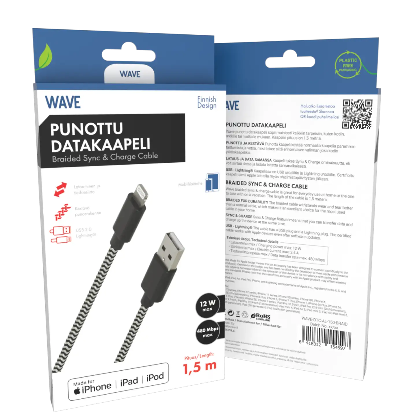 Wave Punottu Datakaapeli, Apple Lightning (MFI), 1,5m, Mustavalkoinen - 1