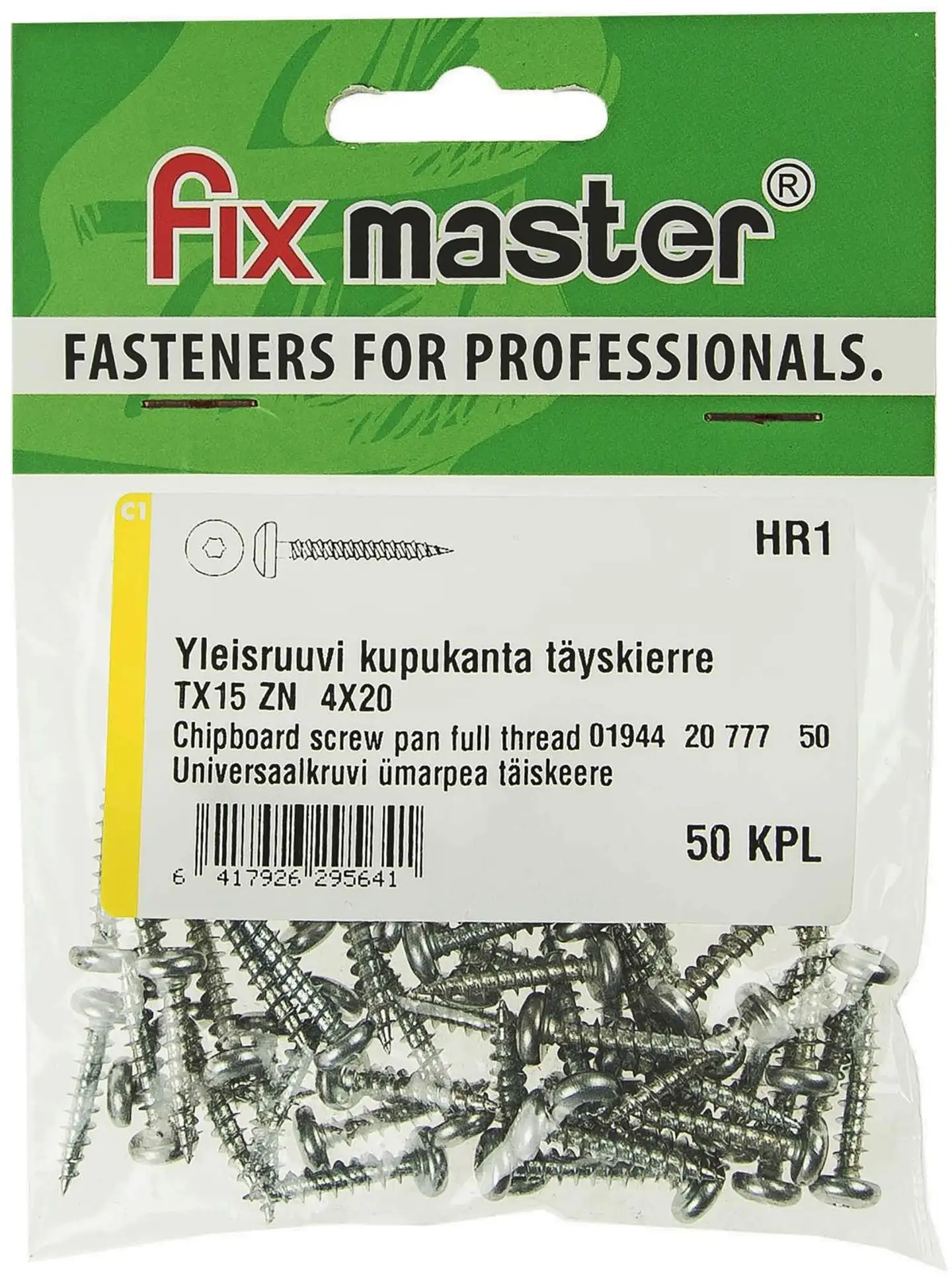 Fix Master yleisruuvi kupukanta täyskierre 4X20 torx15 sinkitty 50kpl