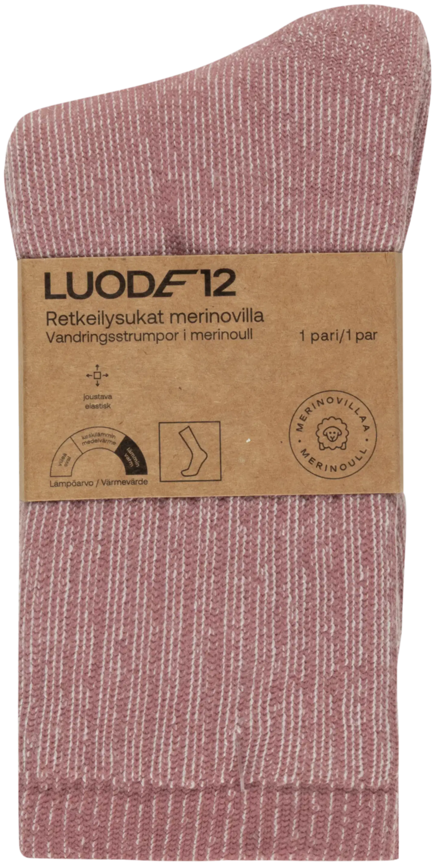 Luode12 naisten paksut retkeilysukat merinovilla ODSL302601 - Ash rose - 2