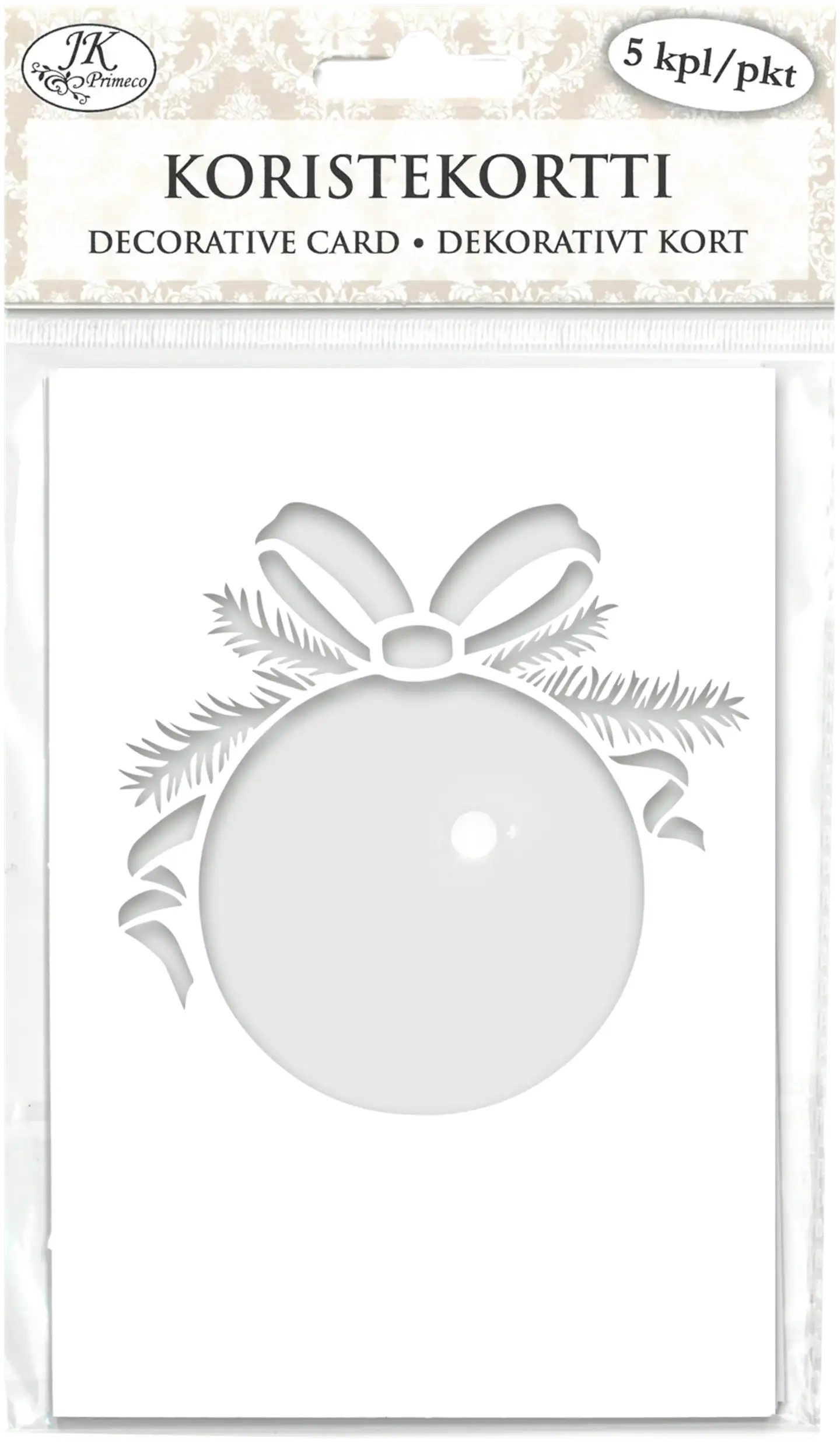 J.K. Primeco Koristekortti Joulupallo valkoinen 5kpl