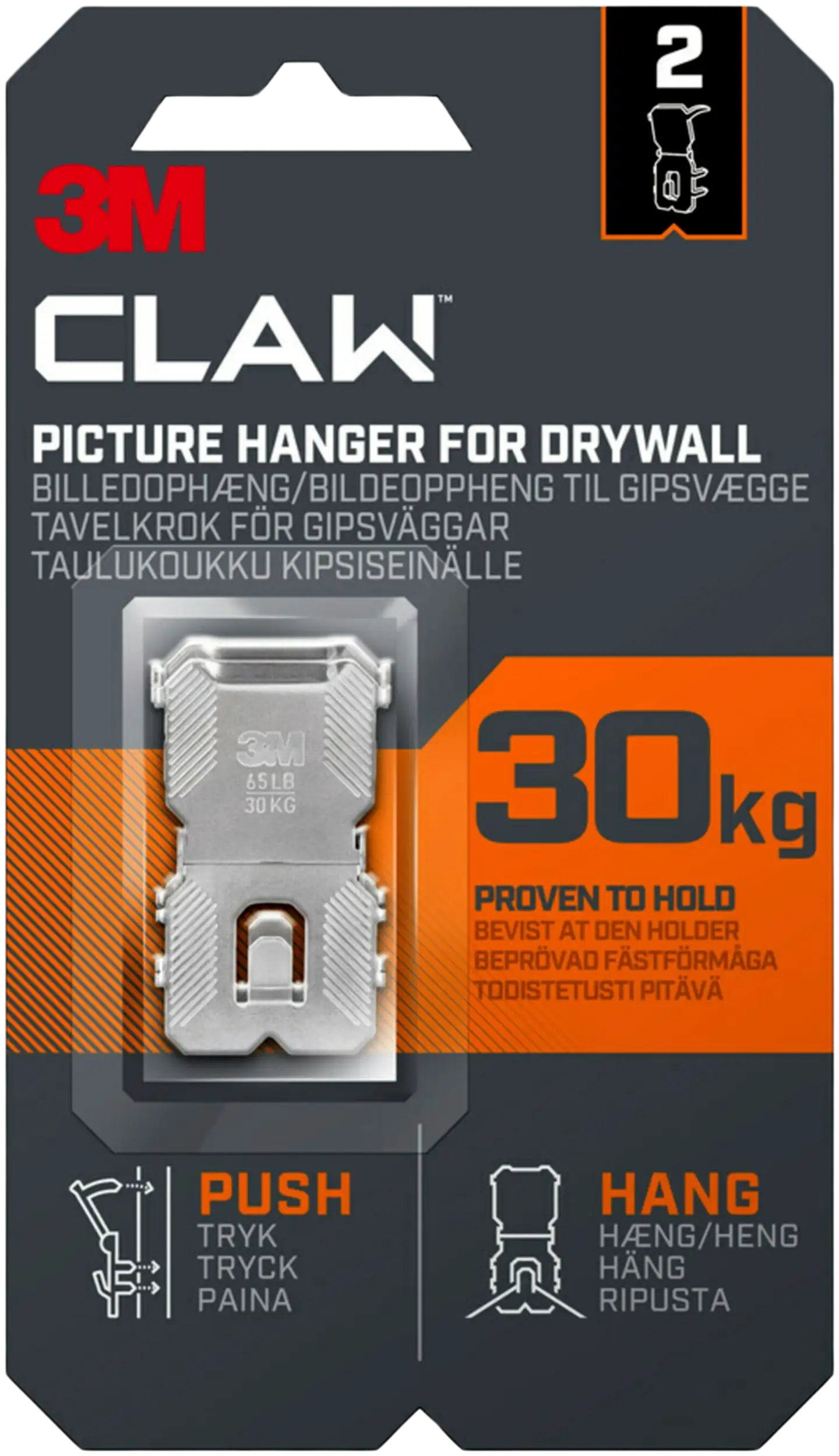 3M CLAW™-taulukoukku kipsilevylle, 30 kg 3PH30-2UKN, 2 ripustuskoukkua - 1