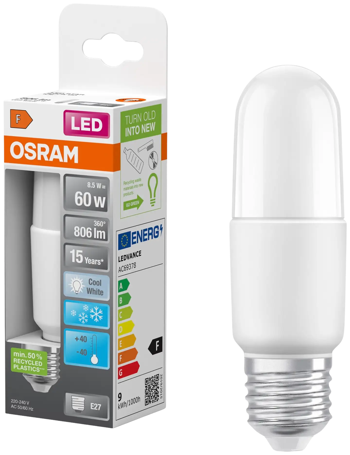 OSRAM LED-pakkaslamppu Star Stick 8W 806lm 4000K E27 muovi - 3