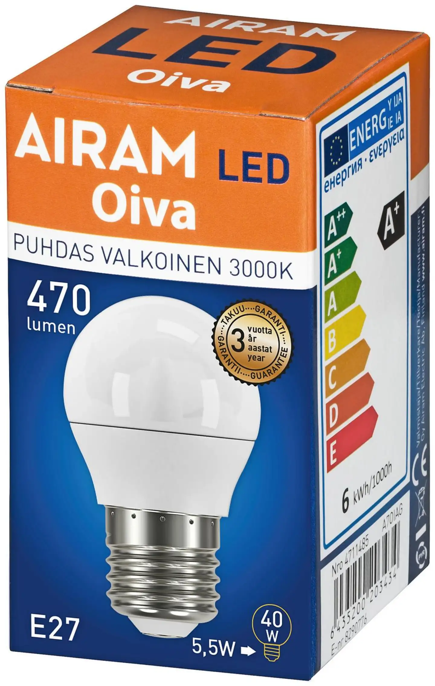 Airam Oiva 4,9W E27 mainos 470lm 3000K 15 000h - 2