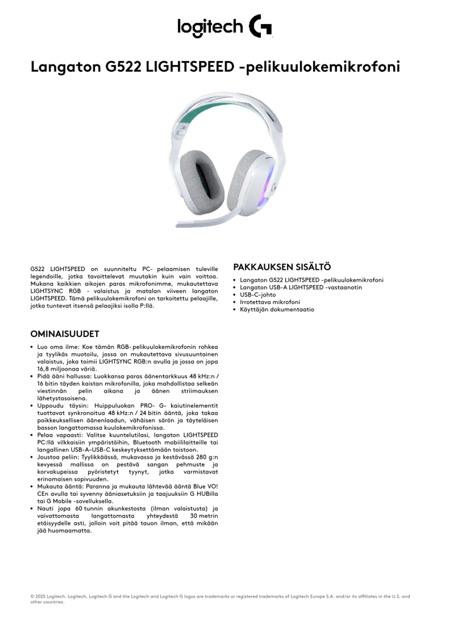 Logitech G522 LIGHTSPEED langattomat pelikuulokkeet valkoinen - 3