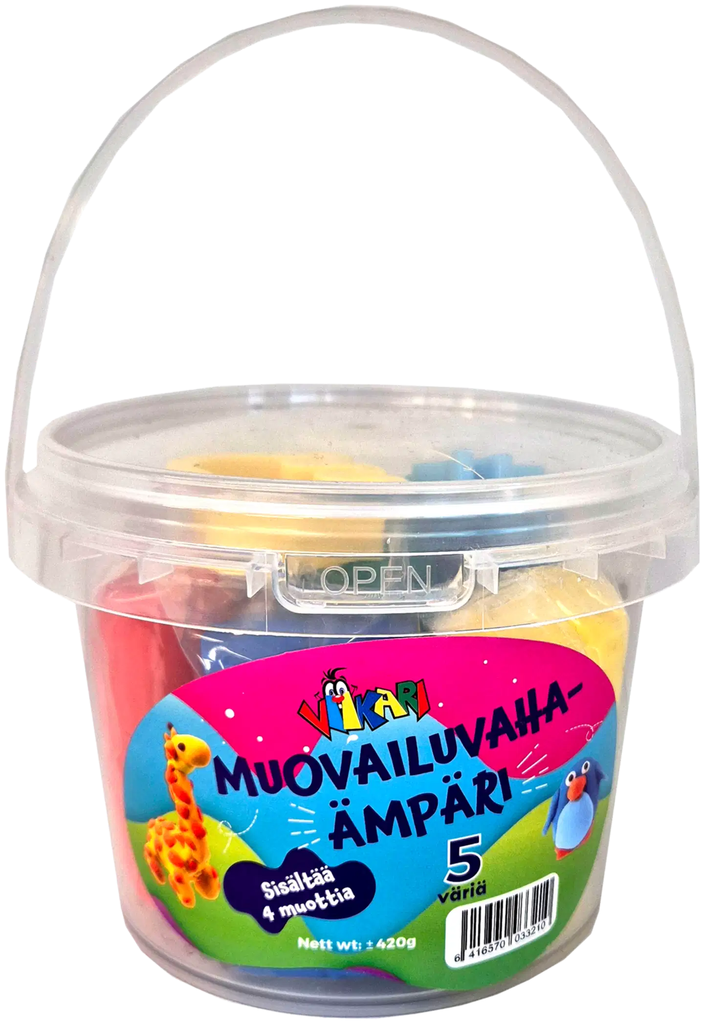 Viikari muovailuvahaämpärisetti, sis. 5 eriväristä muovailuvahaa, 3-4 muoto leikkuria sekä värikkään ämpärin sulkijalla