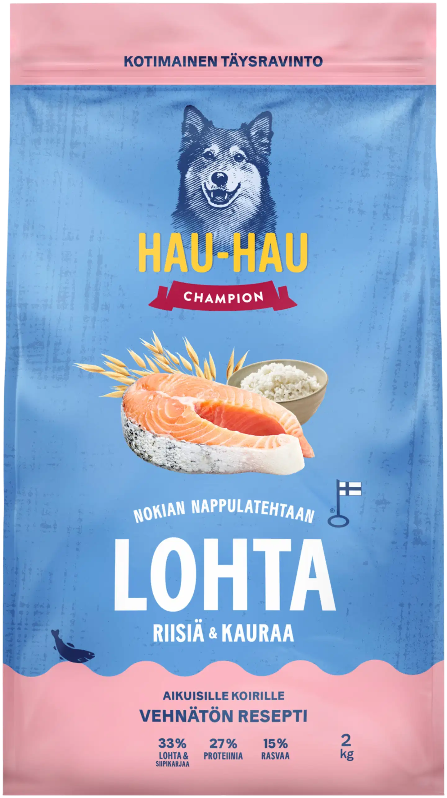 Hau-Hau Champion Nokian Nappulatehtaan Lohta, riisiä & kauraa täysravinto aikuisille koirille 2 kg