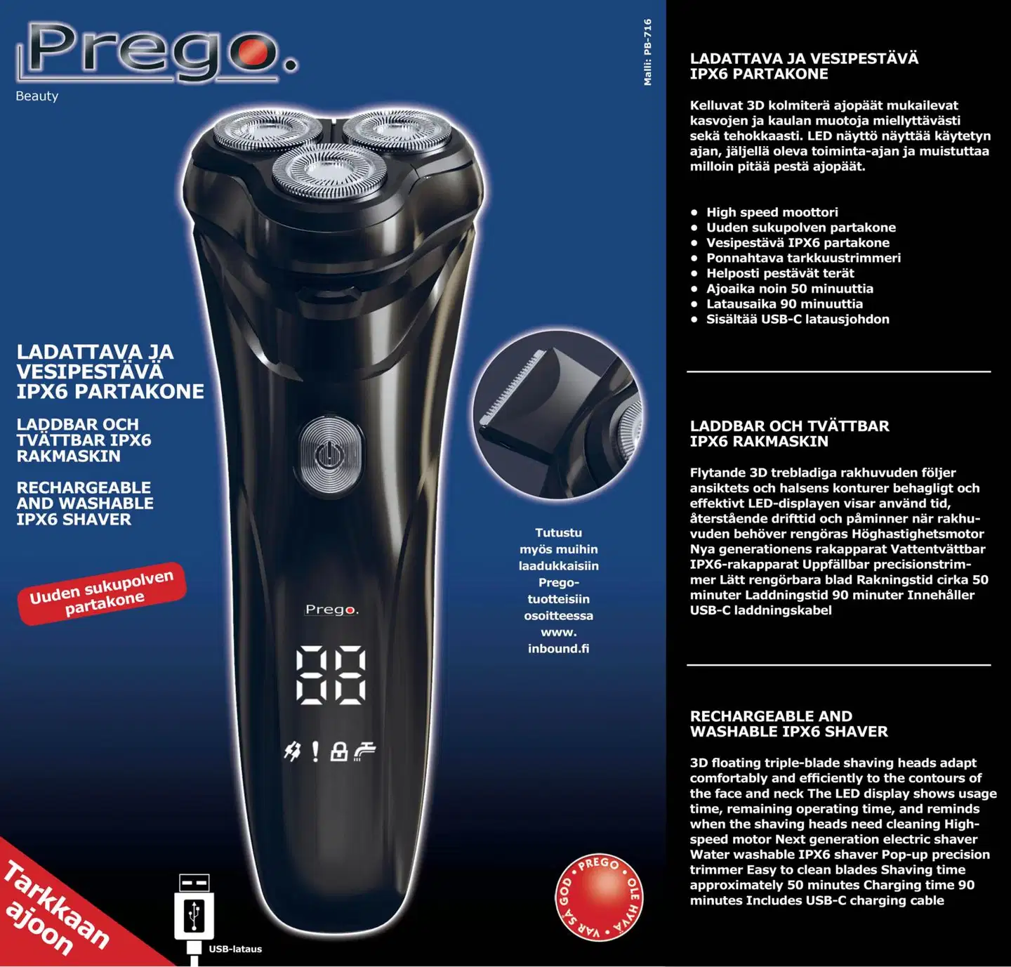 Prego digitaalinen ladattava partakone PB716 - 3