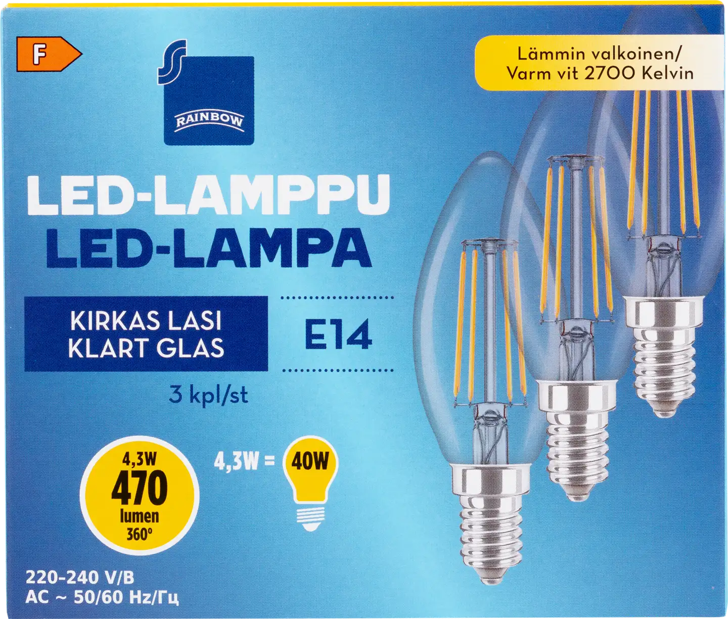 Rainbow LED-kynttilälamppu 4,3W E14 2700K 470lm kirkas lasi 3kpl - 1