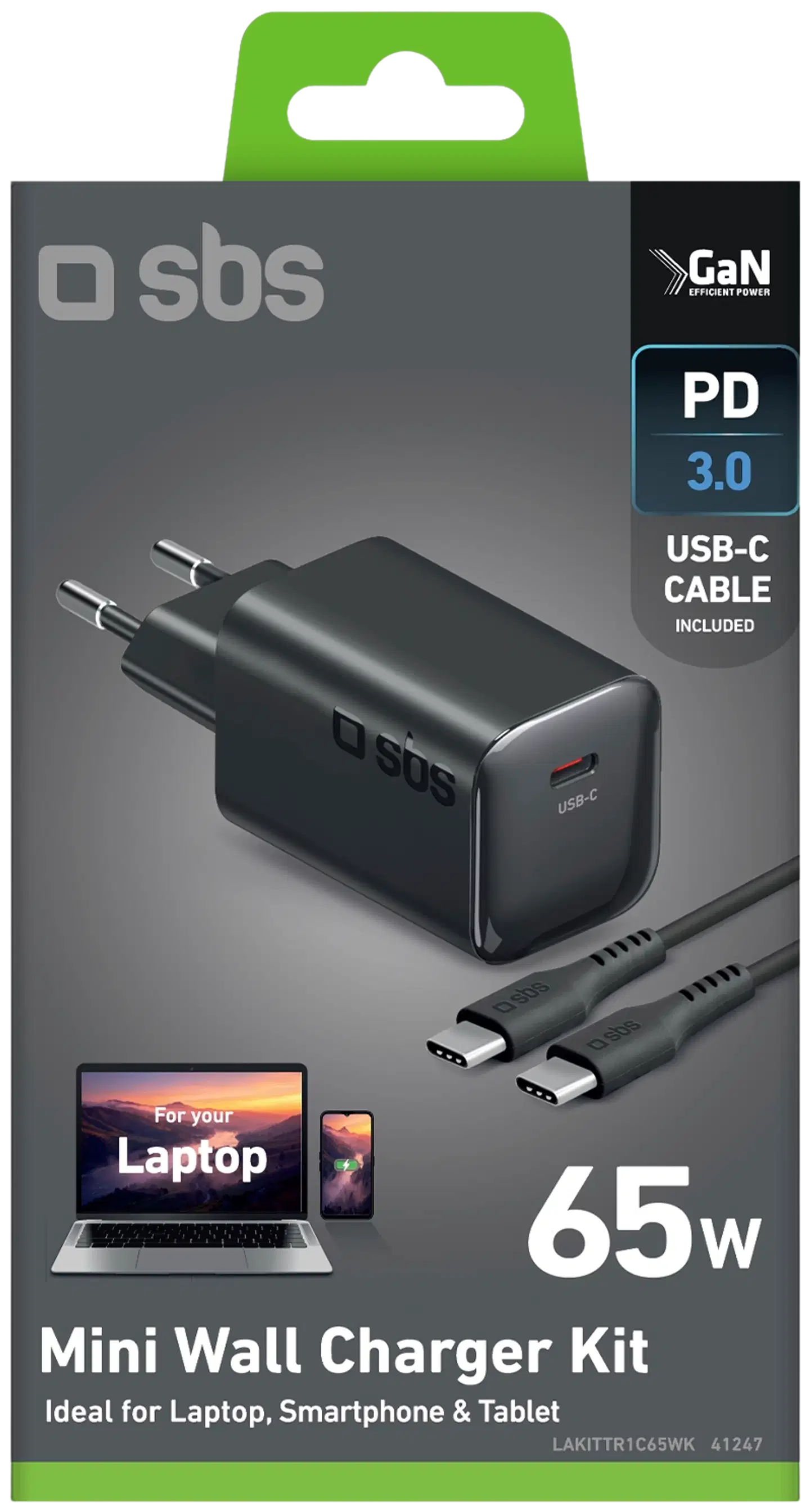 SBS GaN mini -seinälaturipaketti, USB‑C PD65W + USB‑C 60W kaapeli 2 m, musta - 2