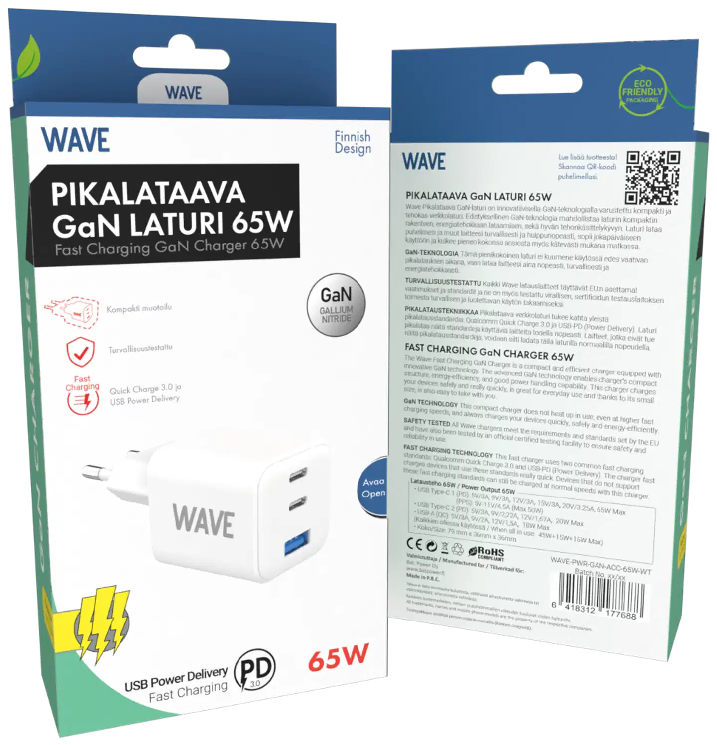 Wave 65 W pikalataava GaN -verkkolaturi, 2 x USB Type-C + 1 x USB-A, valkoinen - 4