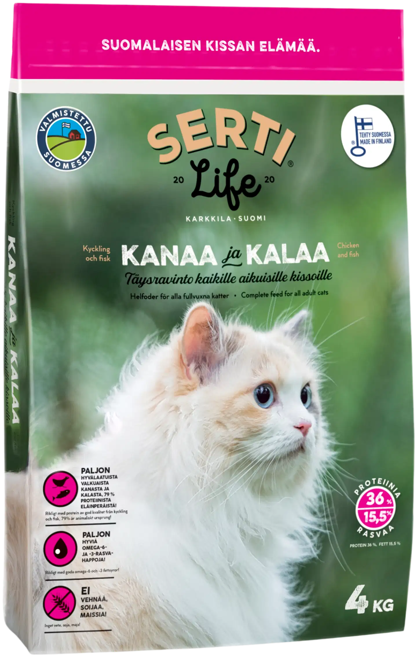 KOTIMAINEN SertiLife Kanaa ja kalaa, täysravinto kaikille aikuisille kissoille, viljaton 4 kg