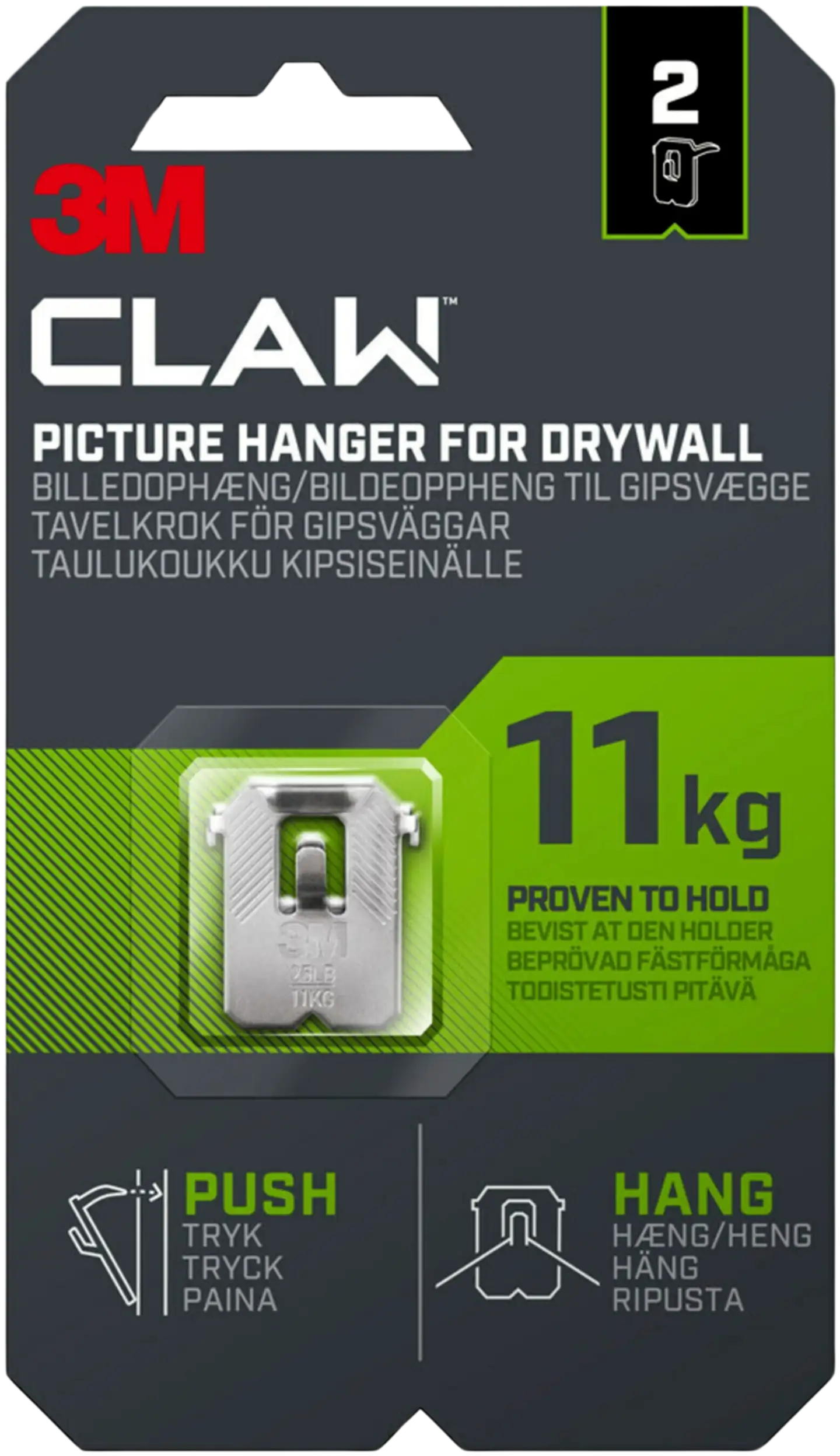 3M CLAW™-taulukoukku kipsilevylle, 11 kg 3PH11-2UKN, 2 ripustuskoukkua - 1