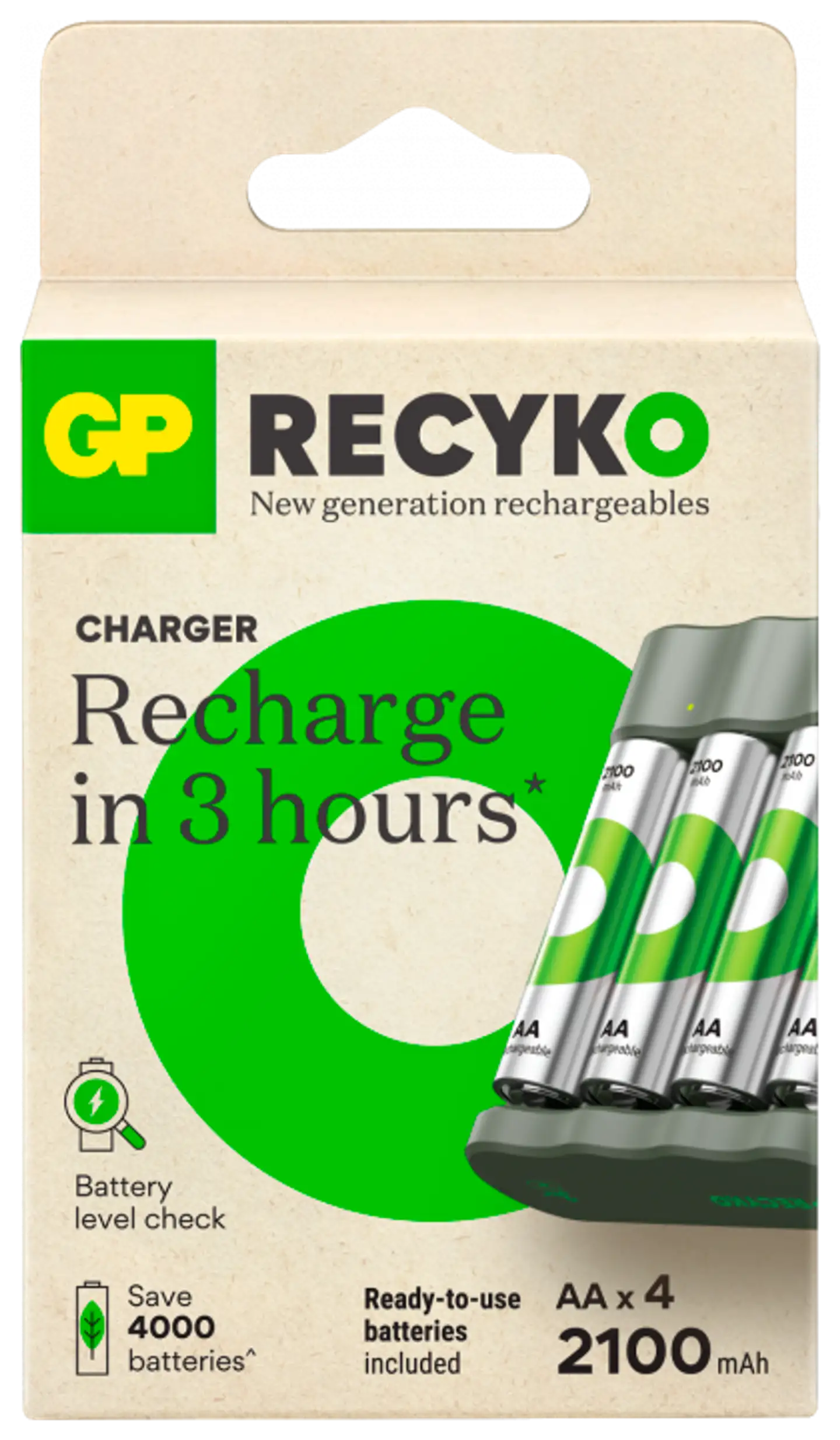 GP Recyko standard akkulaturi usb sis. 4kpl AA 2100mah nimh akkua - 1