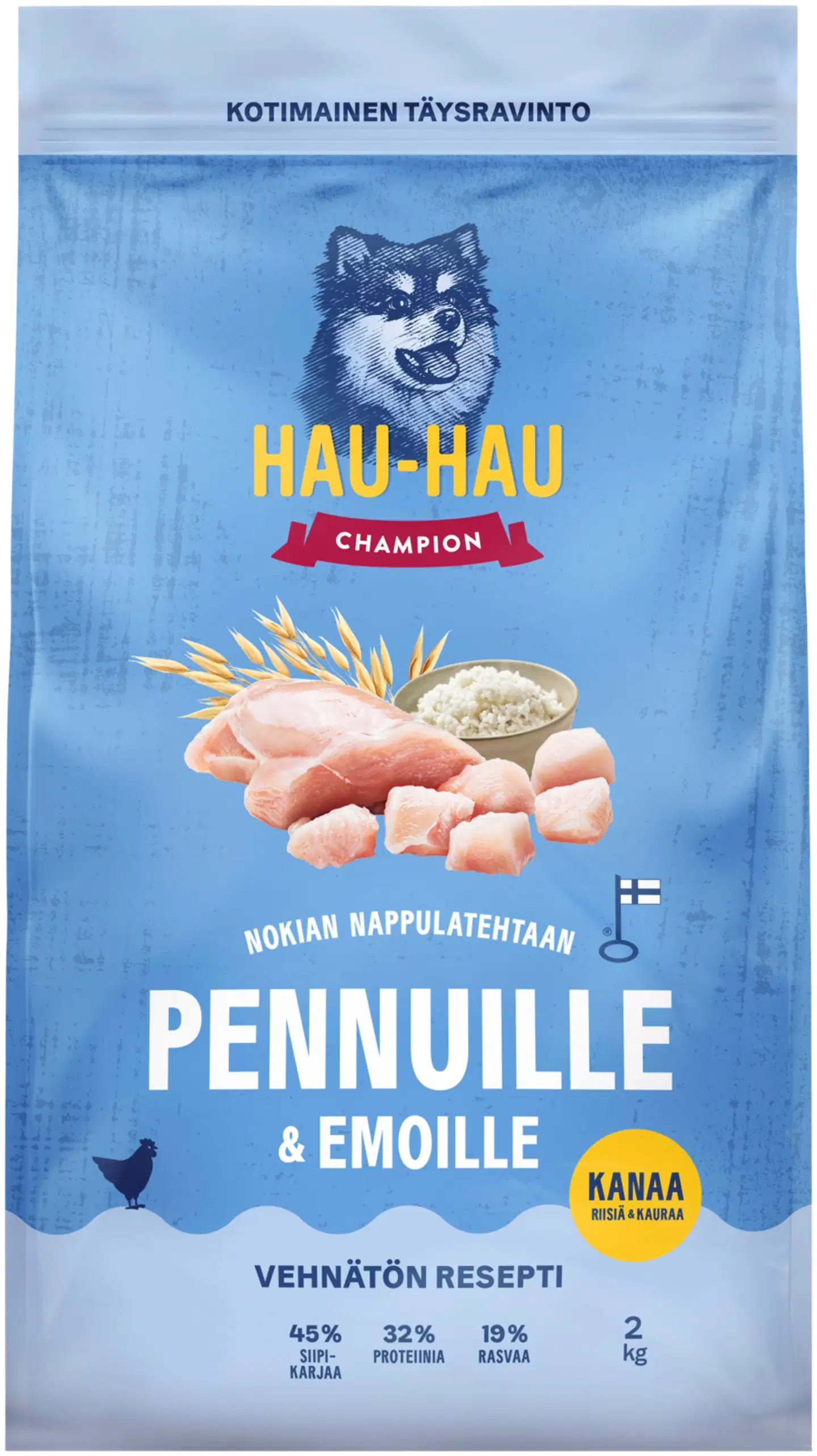Hau-Hau Champion Nokian Nappulatehtaan Kanaa, riisiä & kauraa täysravinto pennuille ja emoille 2 kg