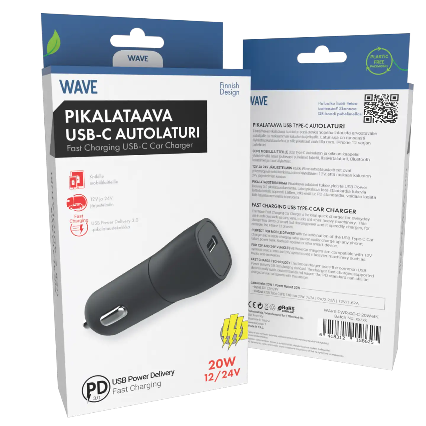 Wave Pikalataava Autolaturi, 1 x USB Type-C  (20W), Musta - 4