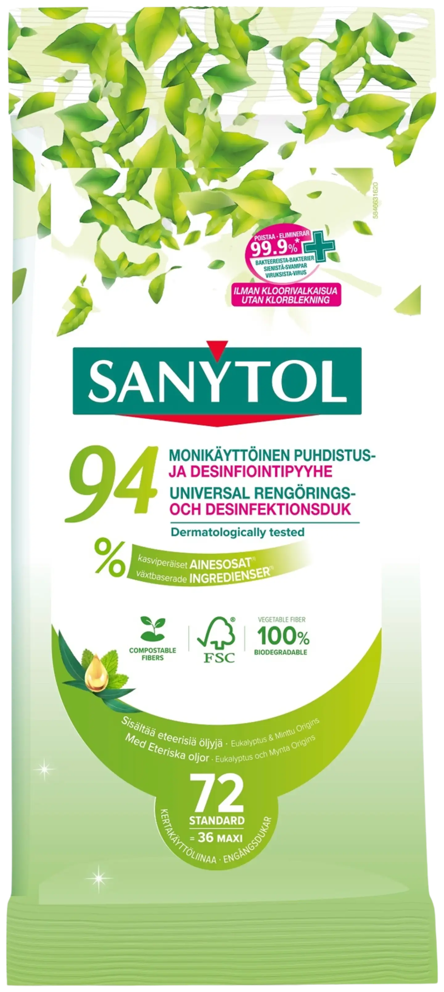 Sanytol Monikäyttöinen puhdistus- ja desinfiointipyyhe, 94% kasviperäiset ainesosat, 72 kpl