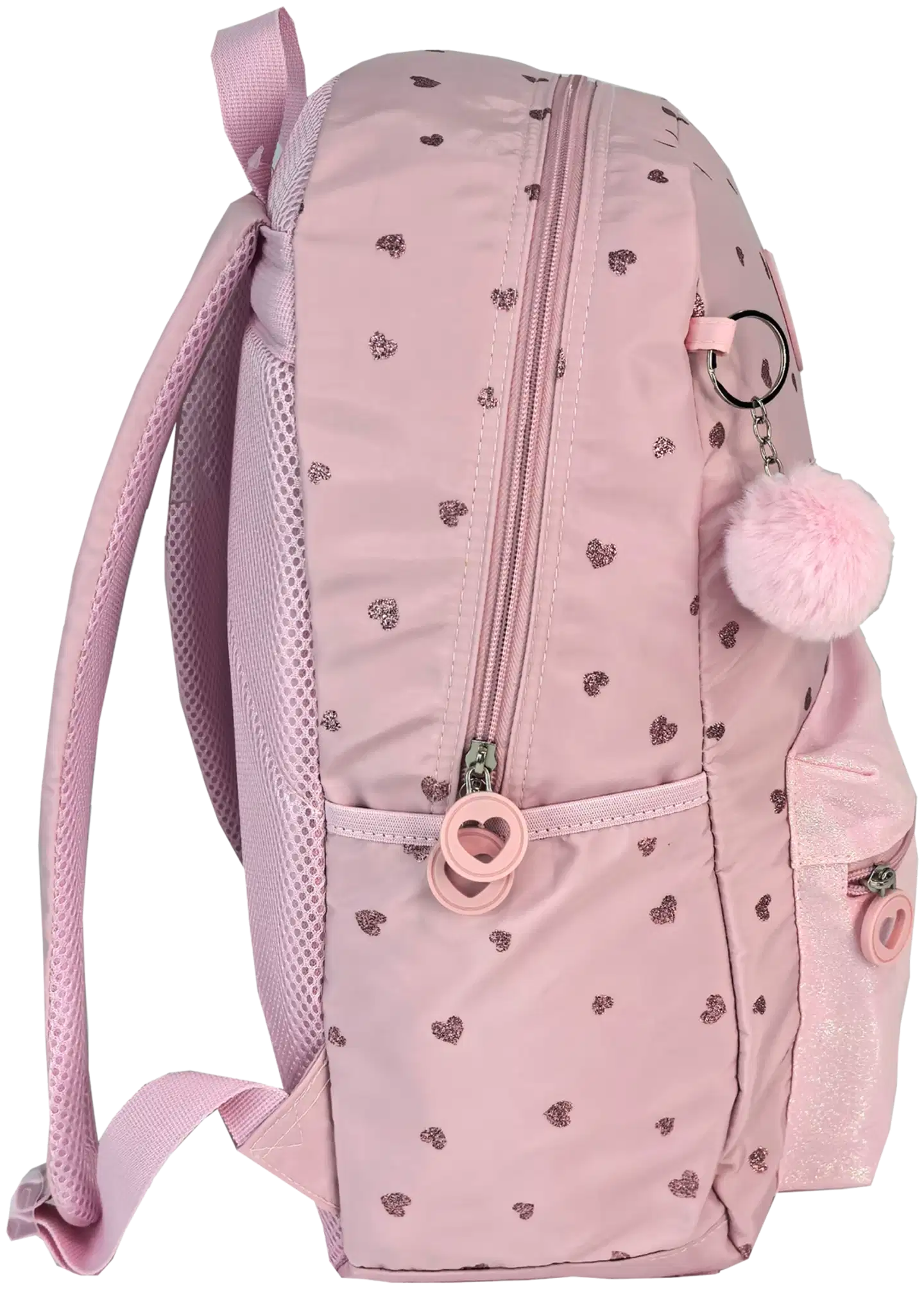 Pinkki koulureppu pompomilla - 2