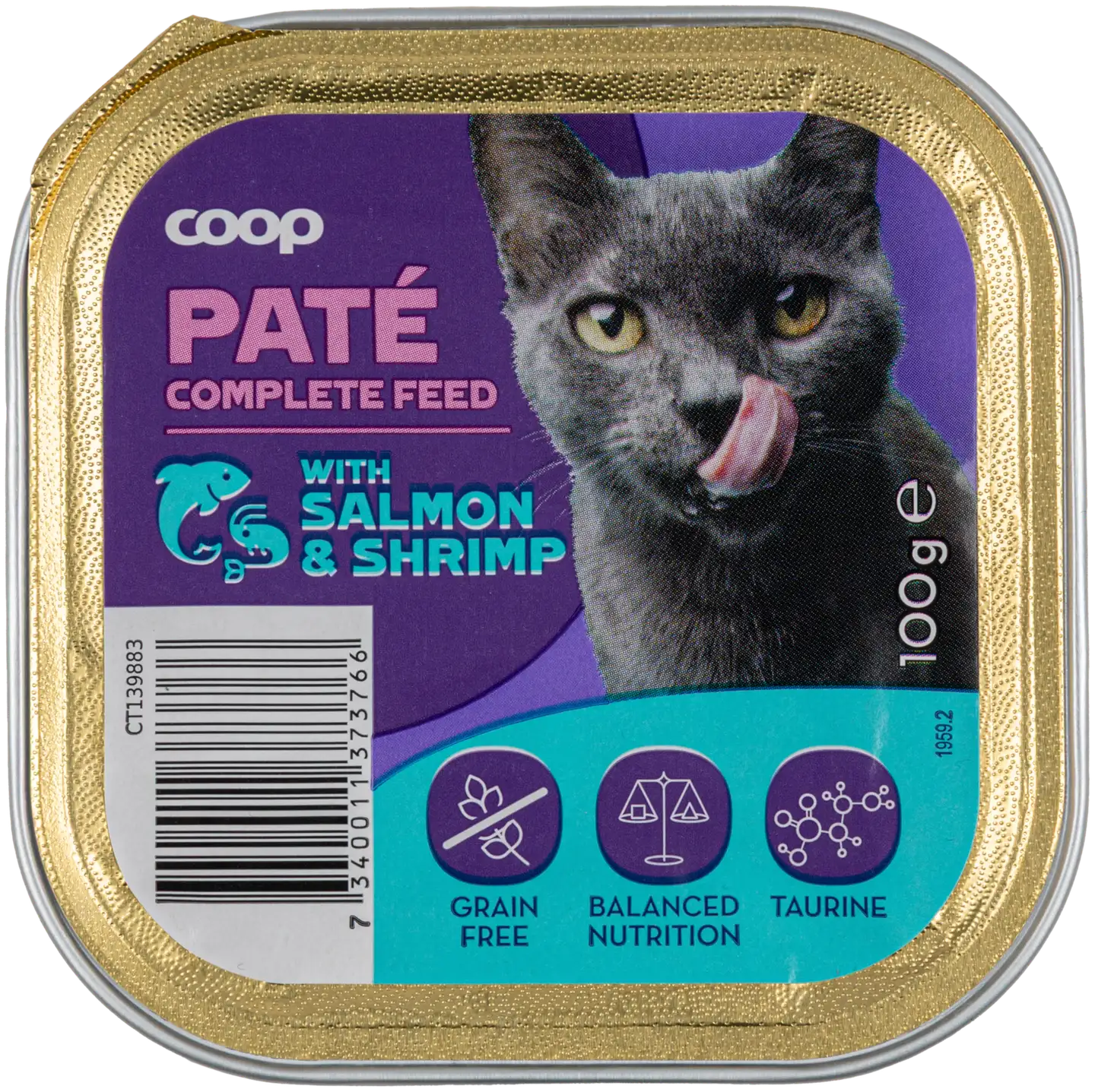 Coop lohta ja katkarapua sisältävä patee täysikasvuisille kissoille 100 g