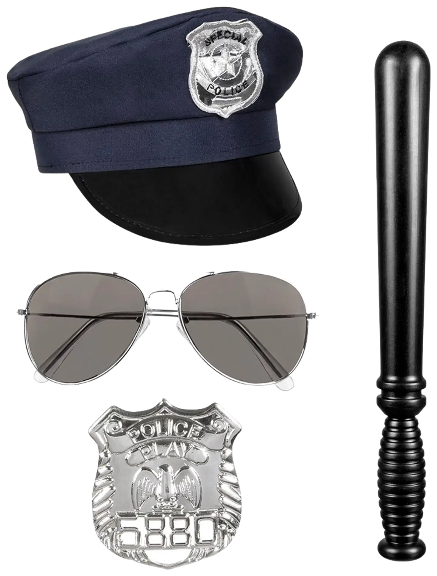 Poliisi asustesetti; hattu,lasit,pamppu ja virkamerkki - 2