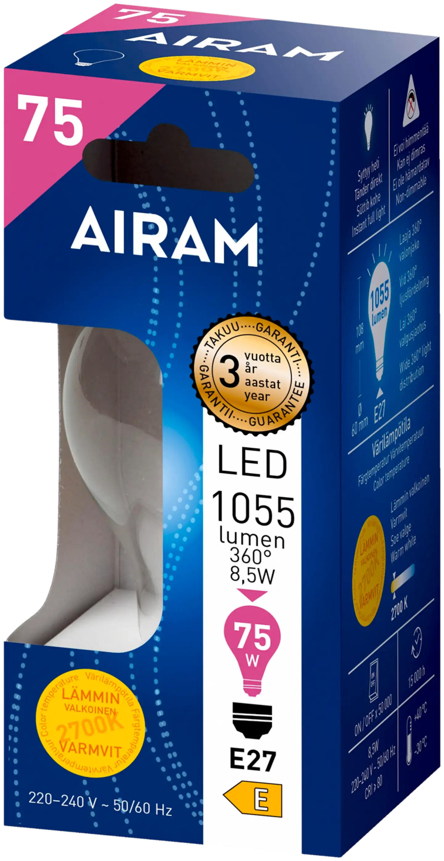 Airam LED 8,5W vakiolamppu filamentti E27 1055lm 2700K - 2