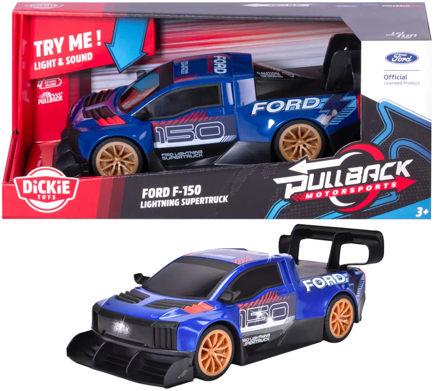 Dickie Toys - Ford F1-150 Lightning Super Truck pull-back, 22,5 cm, valo- ja äänitoiminto