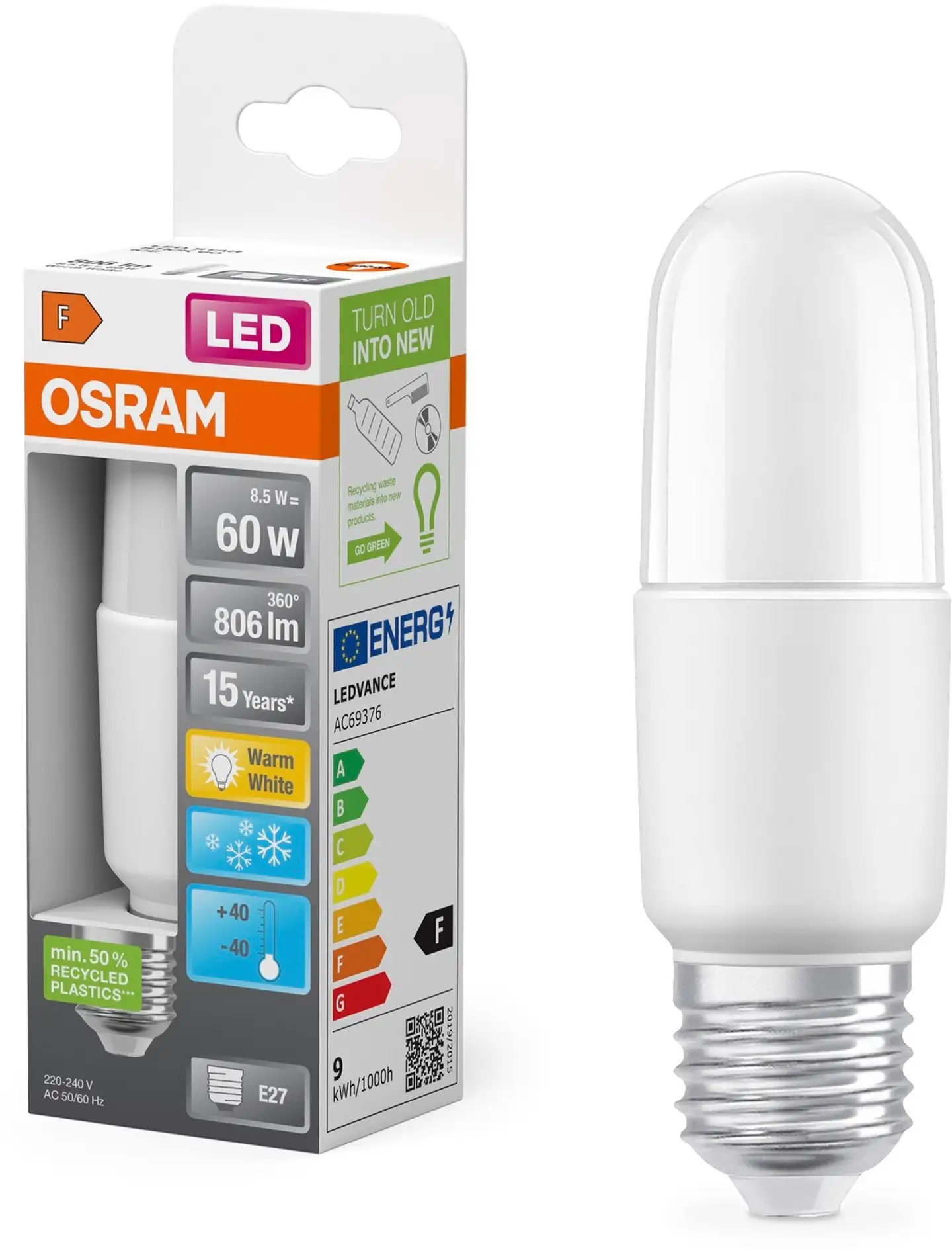 OSRAM LED-pakkaslamppu Star Stick 8W 806lm 2700K E27 muovi - 3