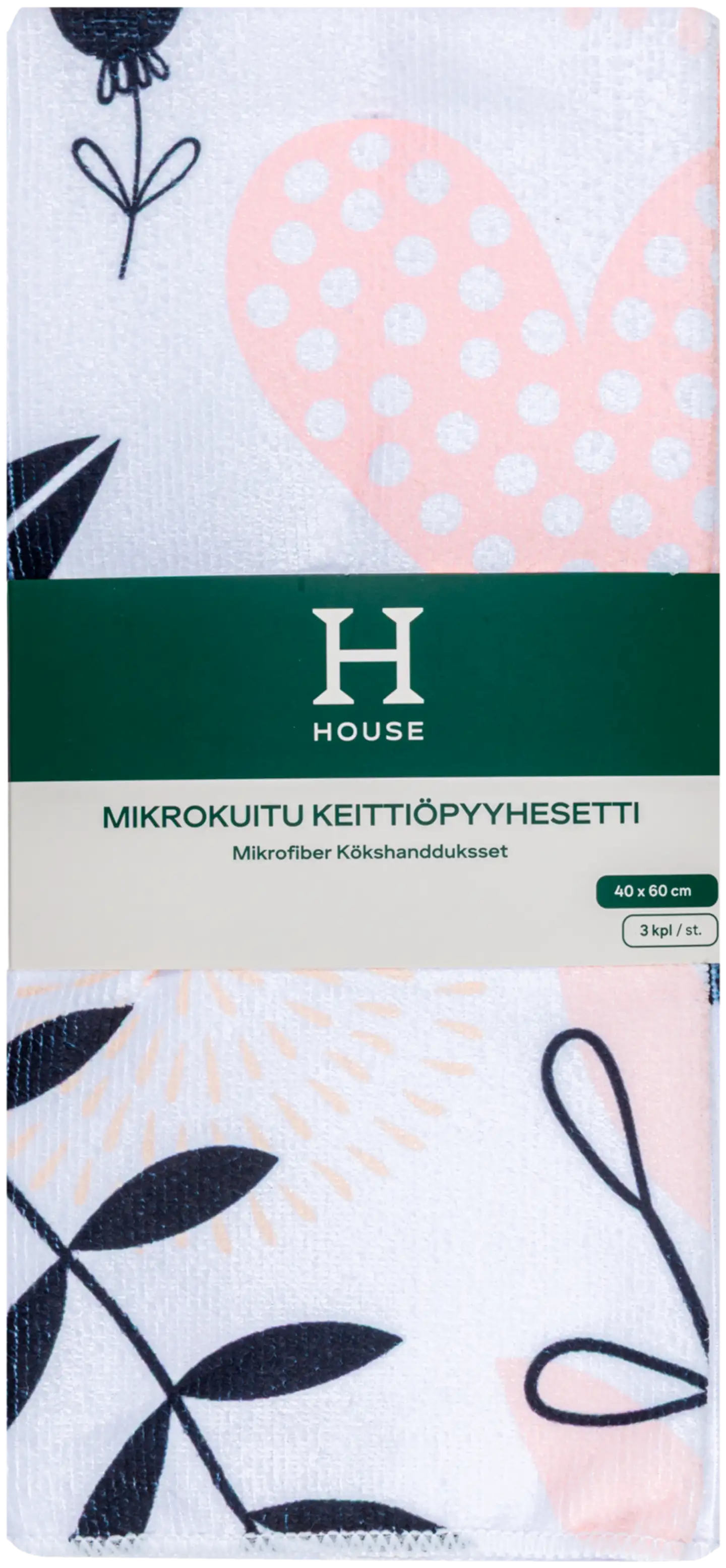 House keittiöpyyhe mikrokuitu 40x60cm 3 kpl valkoinen/pinkki/musta - 2