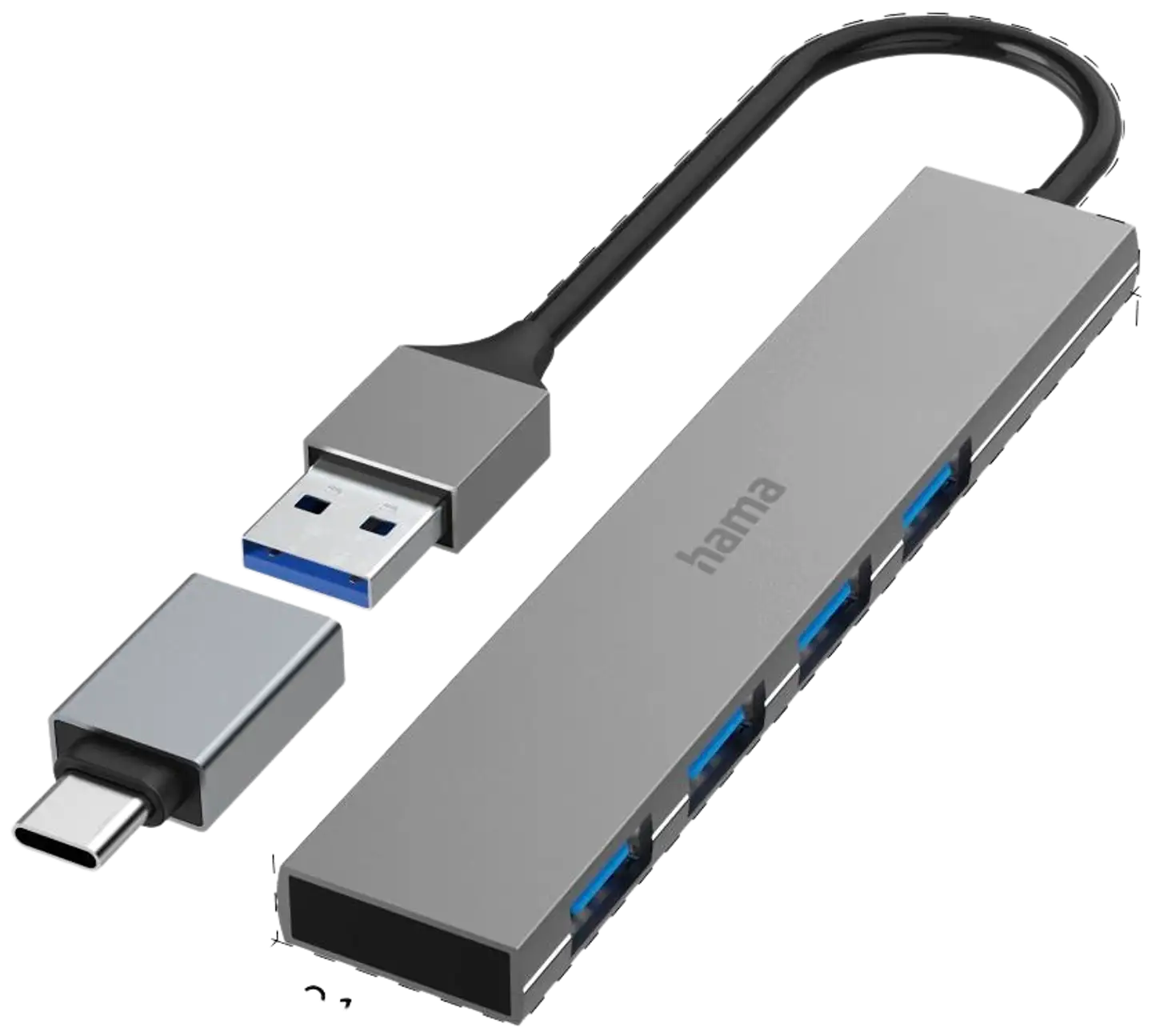 Hama USB-hubi, 4-porttinen, USB-A uros, USB-C adapteri, 4 x USB-A, USB 3.2 Gen 1, 5 Gbit/s, Ultra-slim, 0,15 m - 3