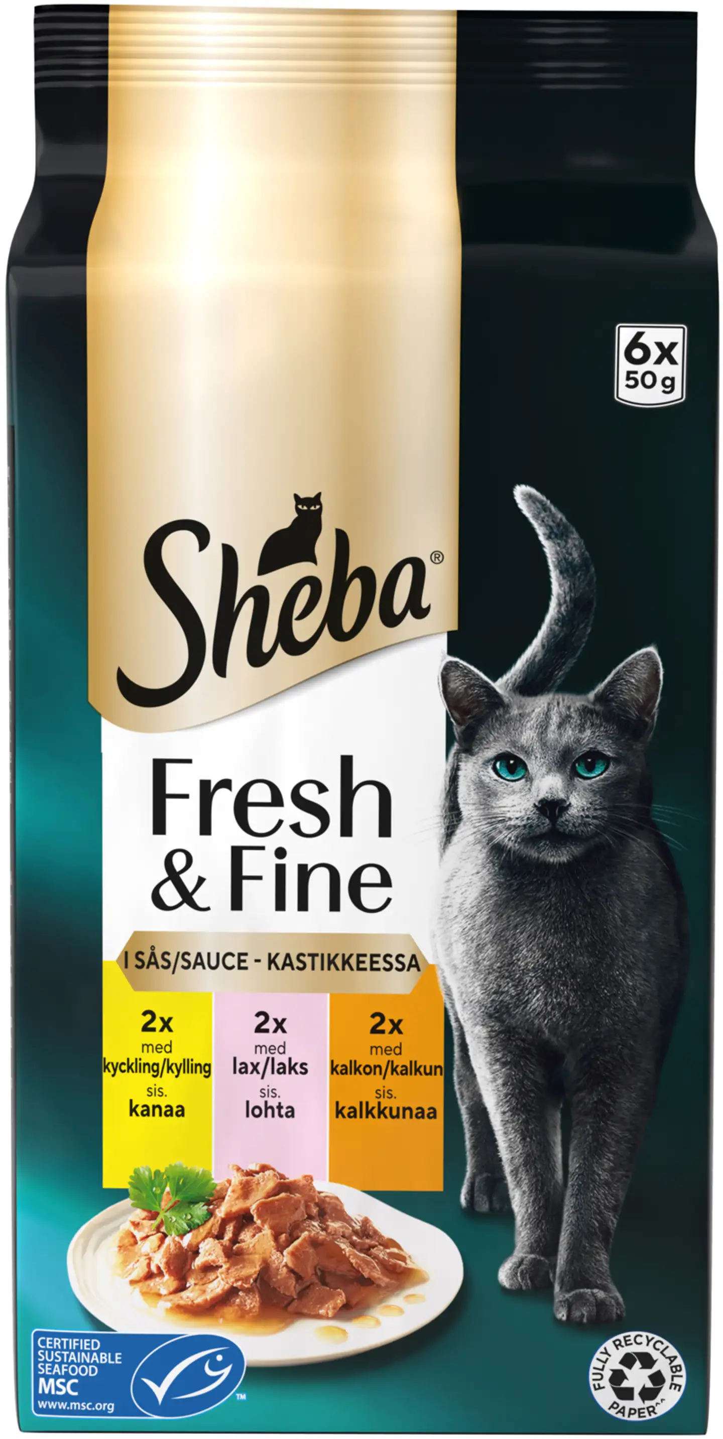 Sheba Fresh&Fine Sekoitus kanaa, kalkkunaa ja lohta kastikkeessa MSC 6x50g