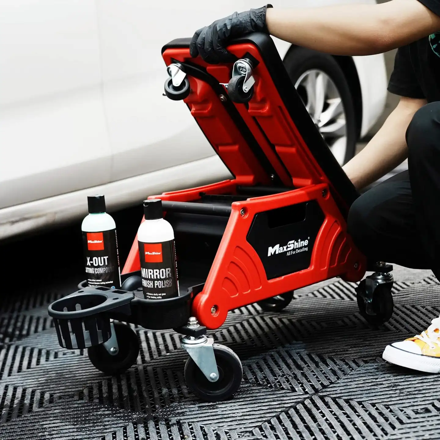 Maxshine 702309-P Modular Detailing Creeper – 2-in-1 työtuoli ja polvistusalusta, pehmustettu istuin, säilytyslokero, pullotelineet ja 360° pyörät - 3