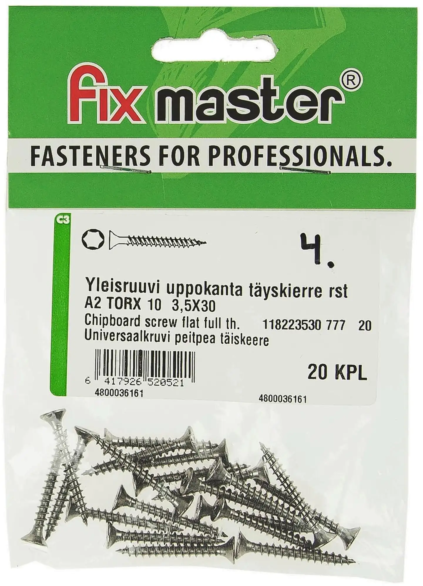 Fix Master yleisruuvi uppokanta täyskierre A2 torx10 3,5X30 20kpl